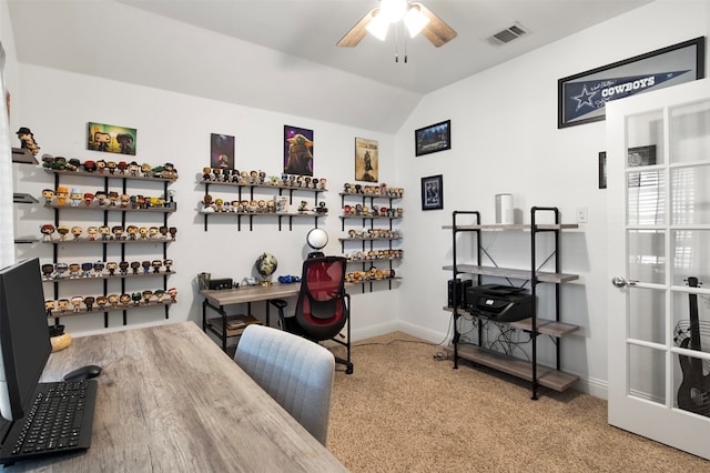 office area with ceiling fan, lofted ceiling, and light colored carpet