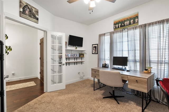 office area with french doors, hardwood / wood-style flooring, and ceiling fan