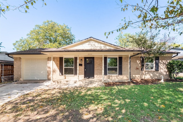 single story home with driveway, a garage, brick siding, covered porch, and a front yard