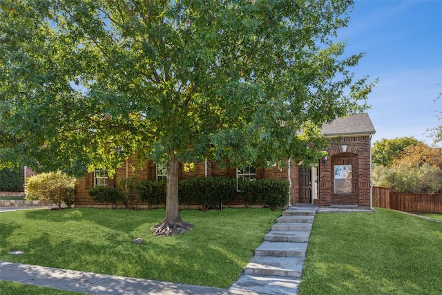 obstructed view of property with a front lawn