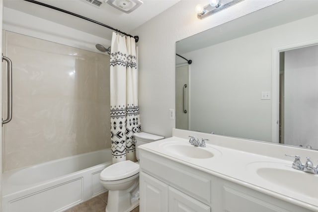 full bathroom with shower / tub combo, vanity, toilet, and tile patterned floors