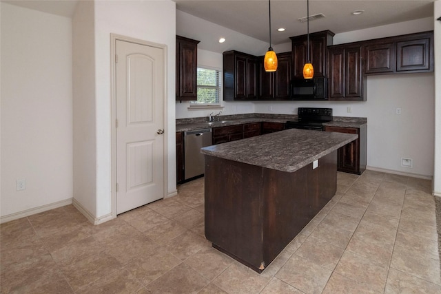 kitchen featuring dark brown cabinets, visible vents, a kitchen island, and black appliances