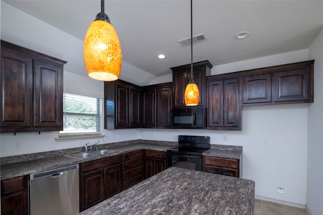 kitchen featuring dark brown cabinets, vaulted ceiling, black appliances, pendant lighting, and sink