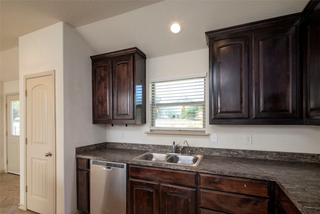 kitchen featuring dark brown cabinetry, dishwasher, a healthy amount of sunlight, and sink