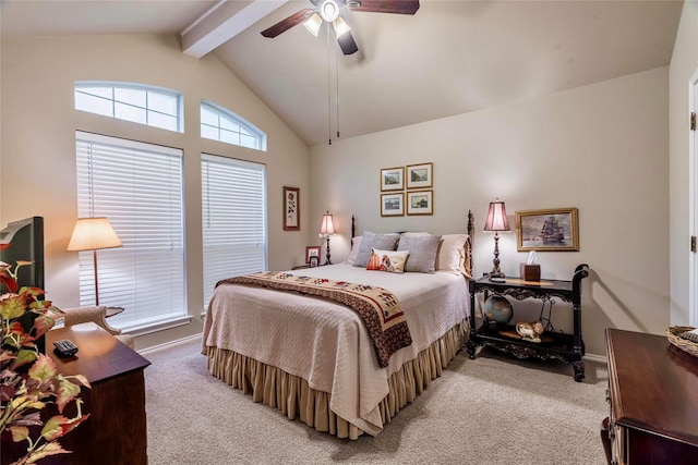 carpeted bedroom featuring vaulted ceiling with beams and ceiling fan