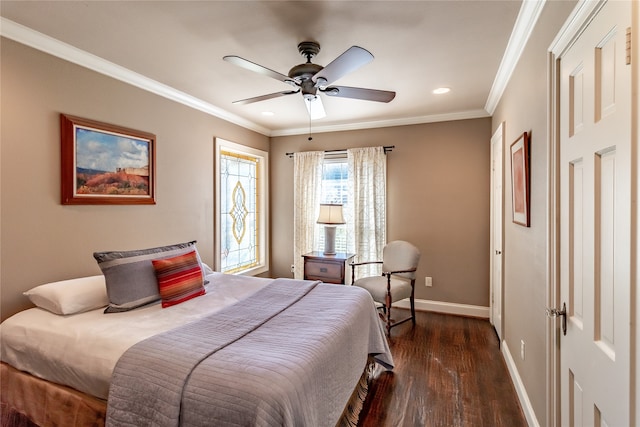 bedroom with ornamental molding, dark wood-type flooring, and ceiling fan