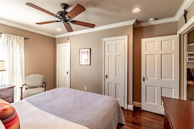 bedroom featuring ceiling fan, ornamental molding, and dark hardwood / wood-style flooring