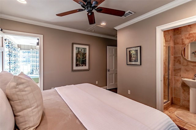 bedroom featuring connected bathroom, crown molding, light tile patterned floors, and ceiling fan