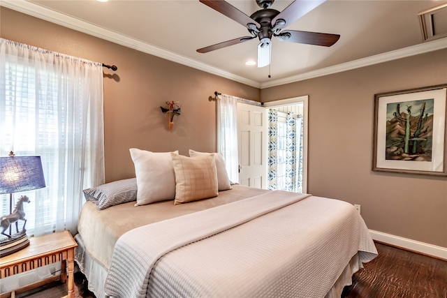 bedroom with dark wood-type flooring, ceiling fan, and multiple windows