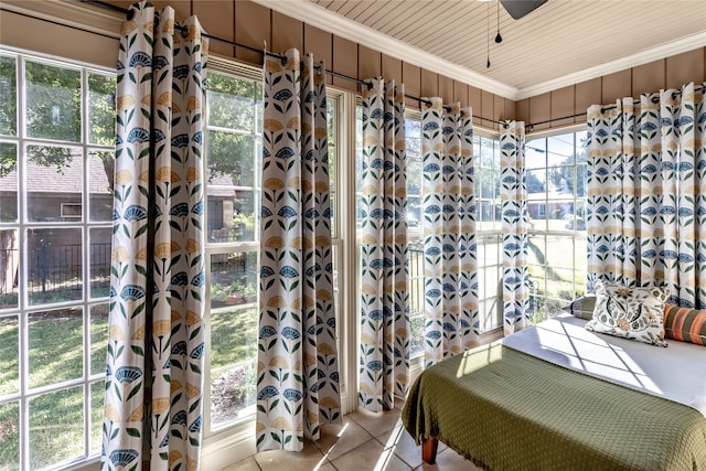 bathroom with wood ceiling, crown molding, plenty of natural light, and tile patterned flooring