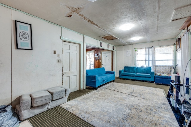 living room featuring a textured ceiling