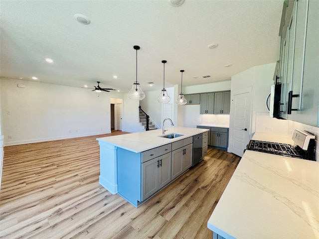 kitchen featuring light hardwood / wood-style flooring, stainless steel appliances, sink, and a center island with sink