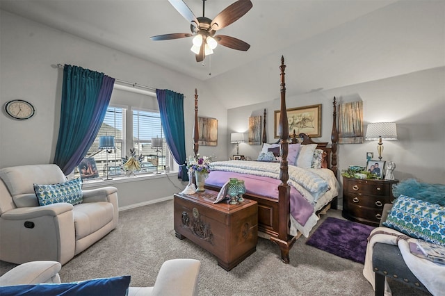 carpeted bedroom with vaulted ceiling and ceiling fan