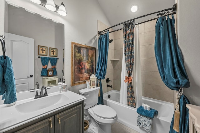 full bathroom with shower / bath combination with curtain, vaulted ceiling, toilet, vanity, and tile patterned floors