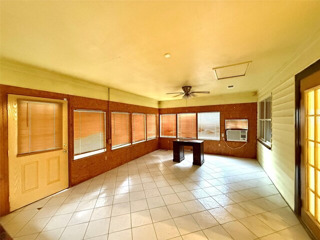 game room with ceiling fan, cooling unit, and light tile patterned flooring