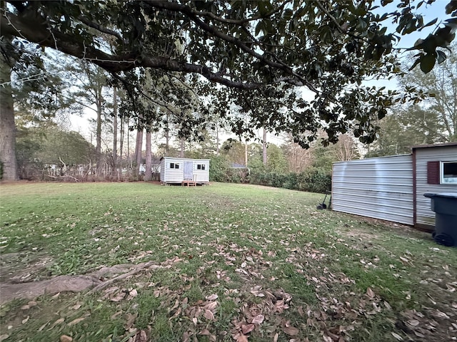 view of yard with a storage shed