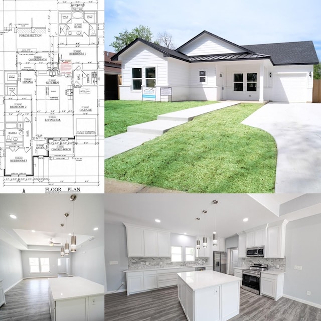 exterior space featuring pendant lighting, a center island, stainless steel appliances, and white cabinetry