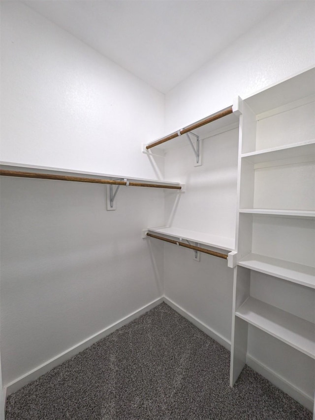 walk in closet featuring dark colored carpet