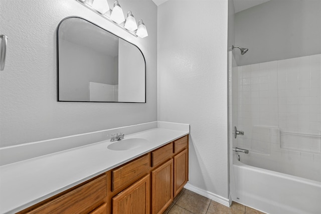 bathroom with tile patterned flooring, vanity, and tub / shower combination