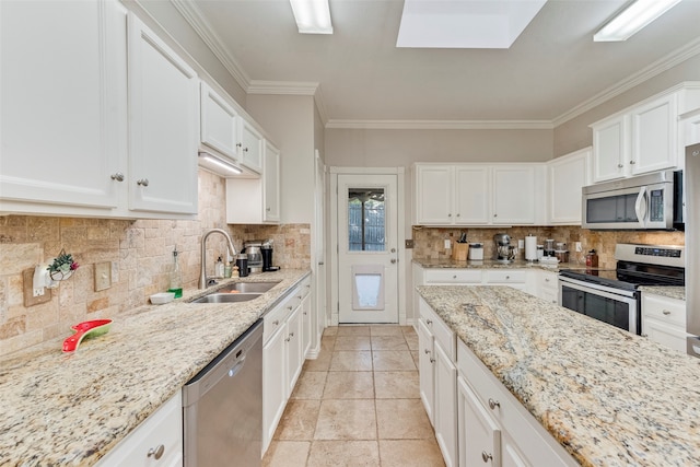 kitchen featuring white cabinets, backsplash, ornamental molding, sink, and stainless steel appliances