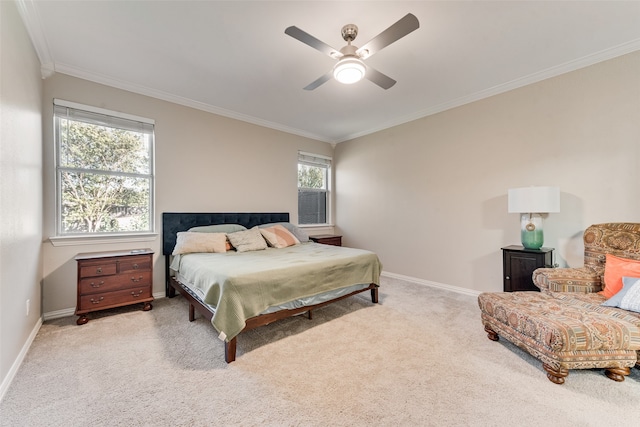 bedroom featuring light carpet, multiple windows, ornamental molding, and ceiling fan