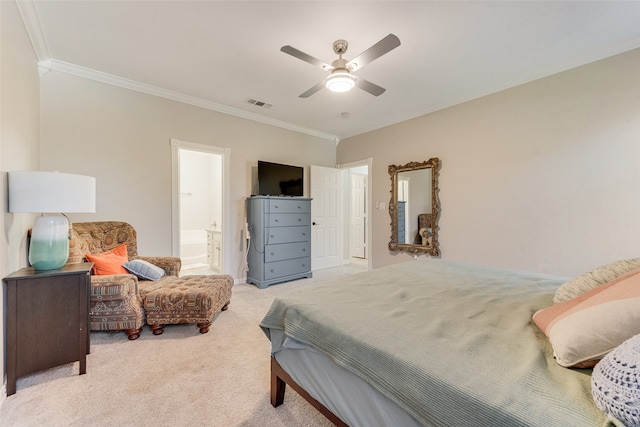 bedroom featuring light carpet, crown molding, ensuite bath, and ceiling fan