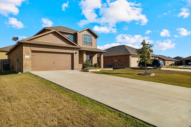 view of front of house with central air condition unit, a front yard, and a garage