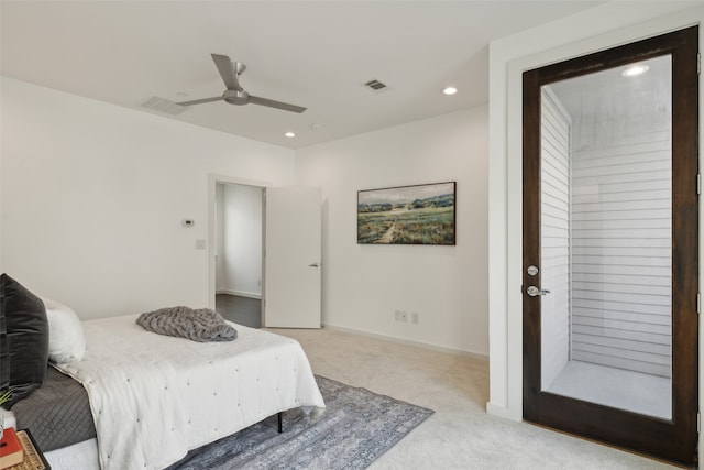 carpeted bedroom with ceiling fan