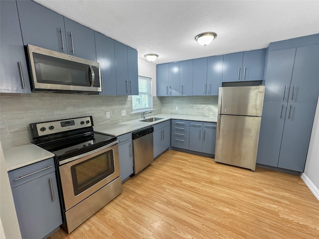 kitchen with sink, light wood-type flooring, blue cabinetry, appliances with stainless steel finishes, and a textured ceiling