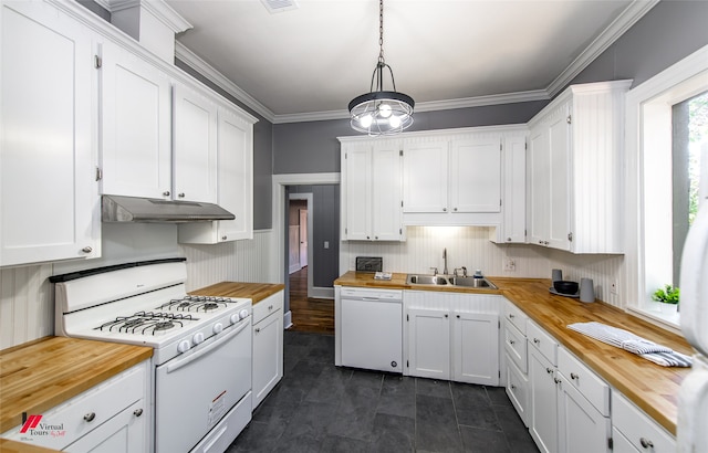 kitchen with butcher block countertops, pendant lighting, white appliances, and white cabinets