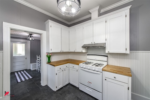 kitchen with white range with gas stovetop, crown molding, white cabinets, and butcher block counters