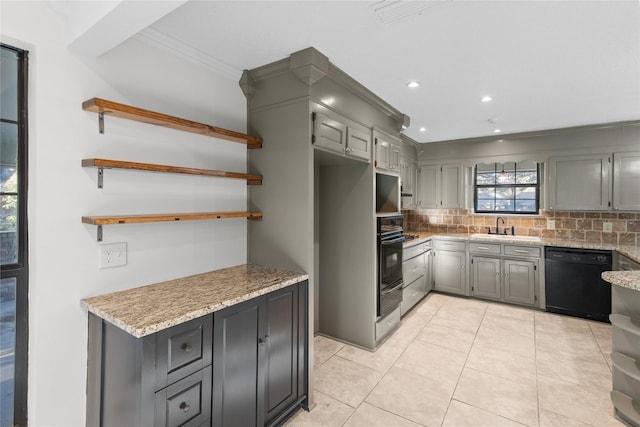kitchen featuring decorative backsplash, open shelves, black appliances, gray cabinetry, and crown molding