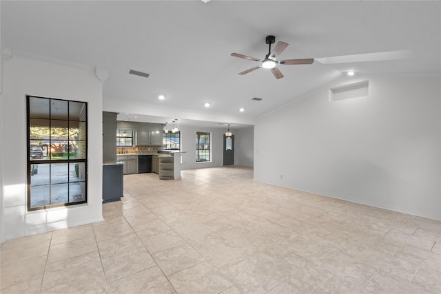 unfurnished living room with recessed lighting, light tile patterned flooring, a ceiling fan, visible vents, and vaulted ceiling