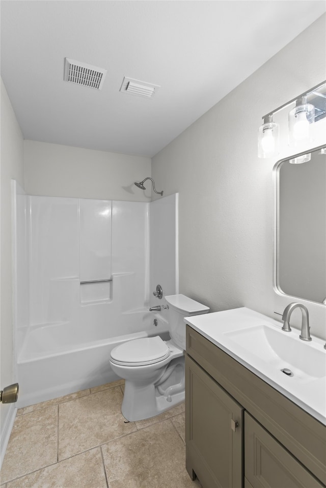 full bathroom with vanity, bathing tub / shower combination, toilet, and tile patterned floors