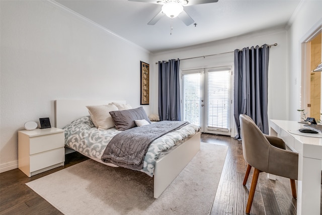 bedroom featuring access to outside, ceiling fan, crown molding, and dark hardwood / wood-style floors