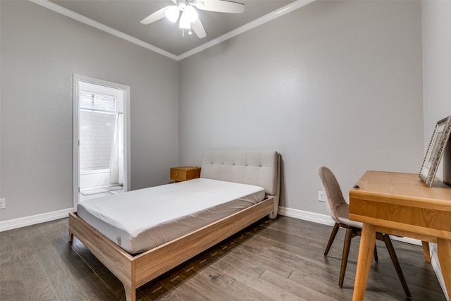 bedroom featuring ceiling fan, crown molding, and hardwood / wood-style flooring