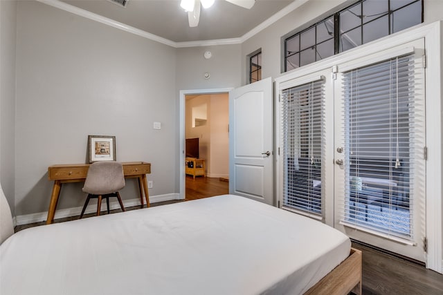 bedroom with dark wood-type flooring, access to outside, ceiling fan, and crown molding