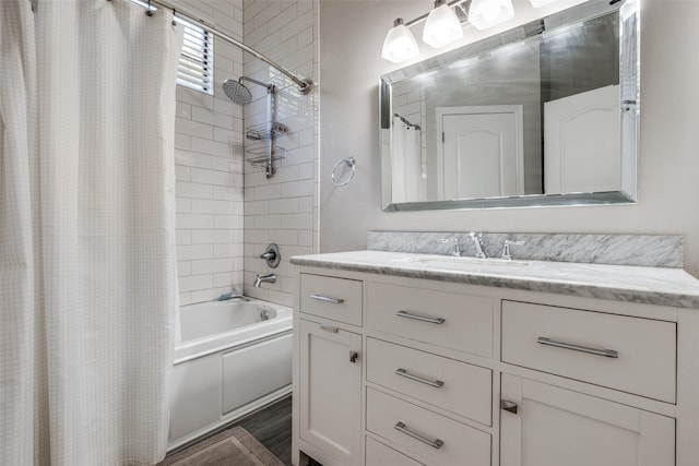 bathroom with vanity and shower / bathtub combination with curtain