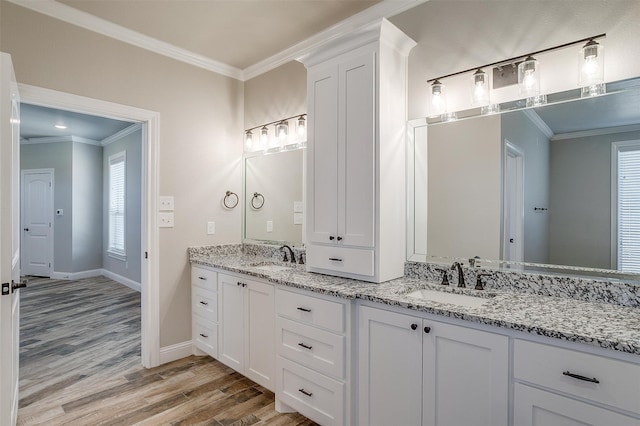 bathroom featuring vanity, crown molding, and hardwood / wood-style floors