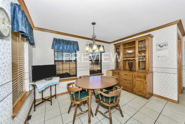 tiled dining space with crown molding and a notable chandelier