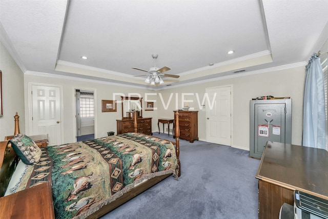 bedroom with a raised ceiling, ceiling fan, dark carpet, and ornamental molding