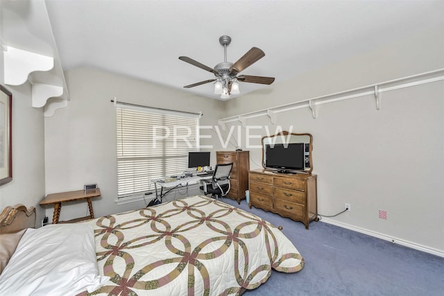 bedroom featuring carpet, vaulted ceiling, and ceiling fan