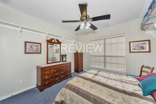 bedroom with ceiling fan and light colored carpet