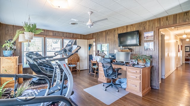 office featuring ceiling fan, wooden walls, and dark hardwood / wood-style flooring