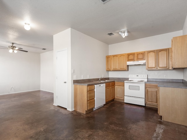 kitchen featuring sink, light brown cabinetry, a textured ceiling, white appliances, and ceiling fan