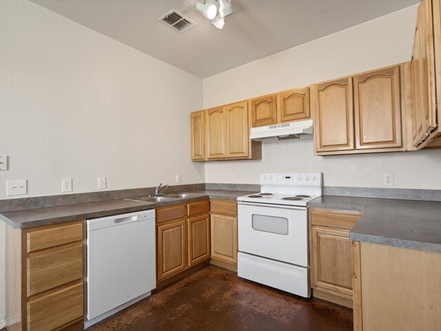 kitchen with light brown cabinets, sink, and white appliances