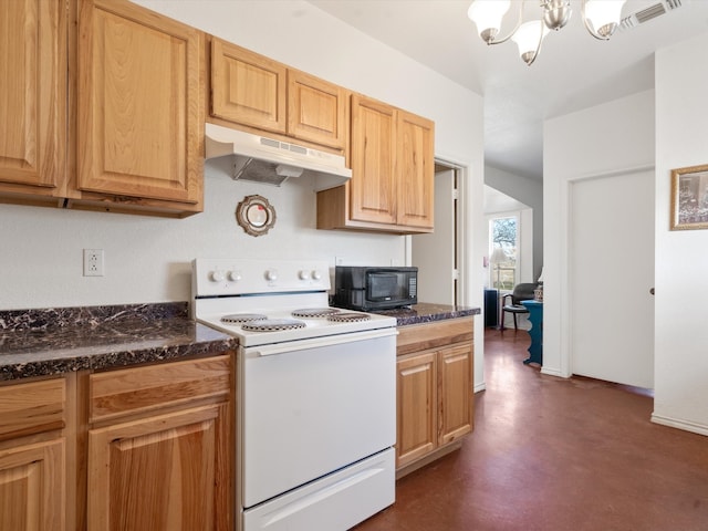 kitchen featuring a notable chandelier, white electric range, and dark stone counters