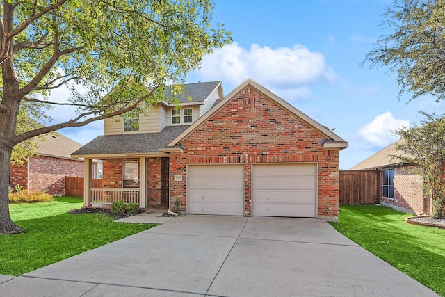 view of property with a front yard, a porch, and a garage