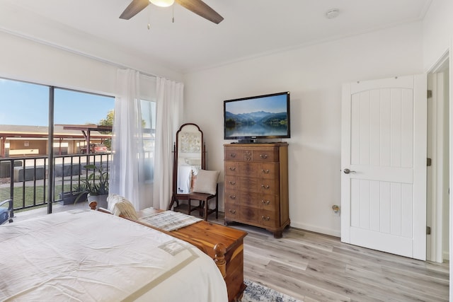 bedroom featuring ornamental molding, light hardwood / wood-style flooring, access to outside, and ceiling fan