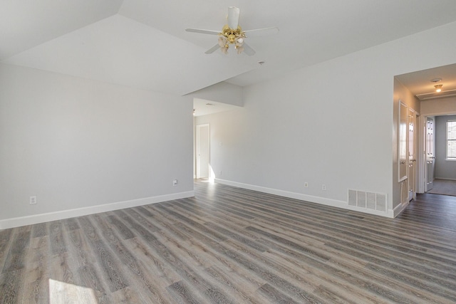 unfurnished living room with wood-type flooring, ceiling fan, and vaulted ceiling